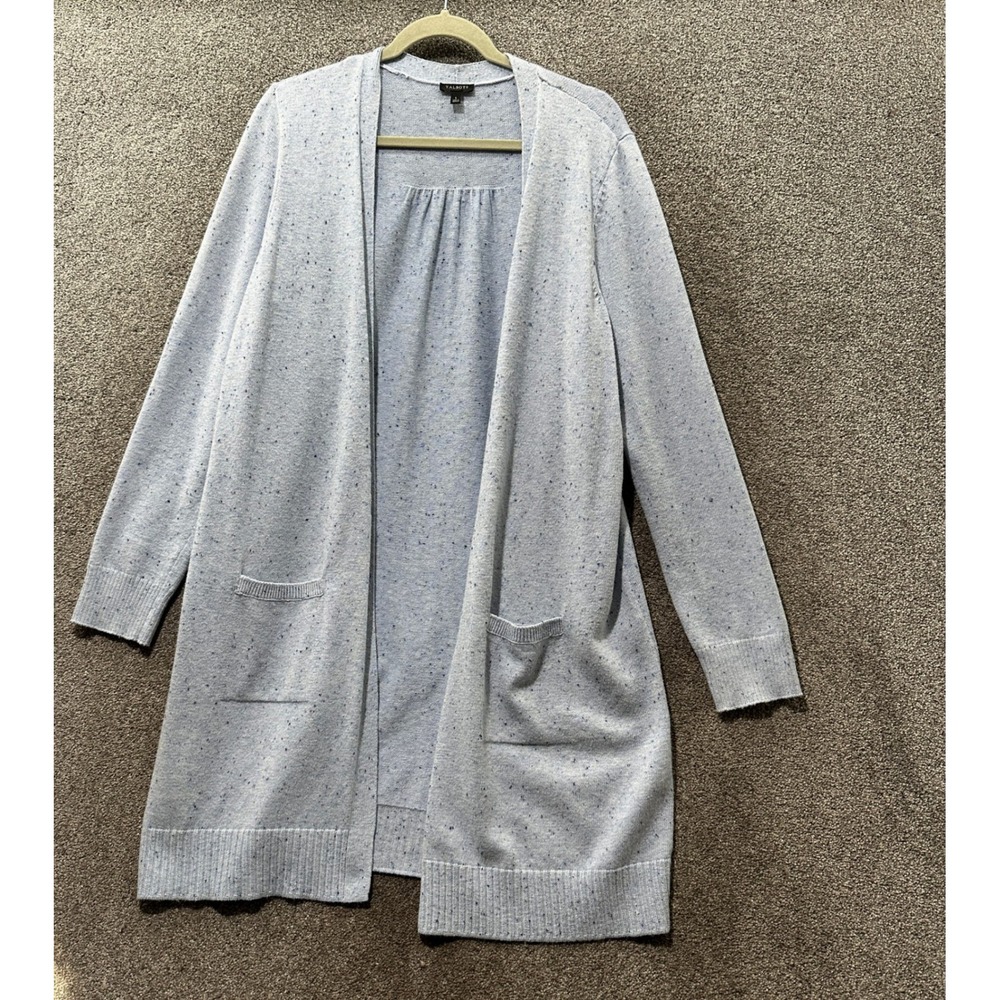 Talbots Open Front Longline Cardigan Sweater Womens Large Blue Speckled Marled